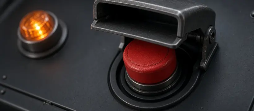 Red button under a hinged metal safety cover, beside a lit amber warning light