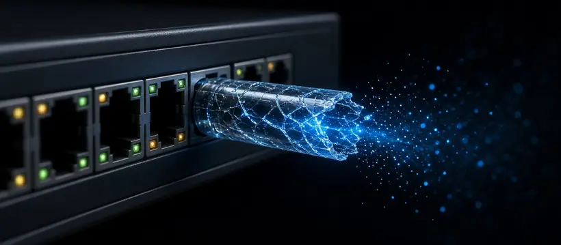 Network switch with a cracked translucent cable leaking glowing blue data particles