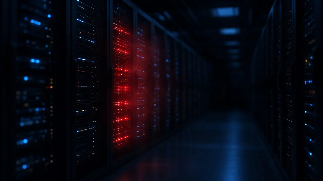 Dark server room aisle where one rack glows with red alarm lights among blue status lights